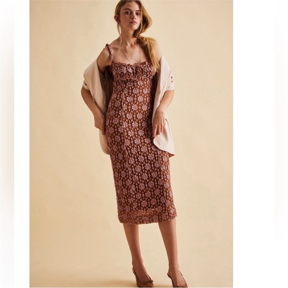NWT Free People Lucinda Lace Midi Dress in Ginger Combo - Picture 7 of 11